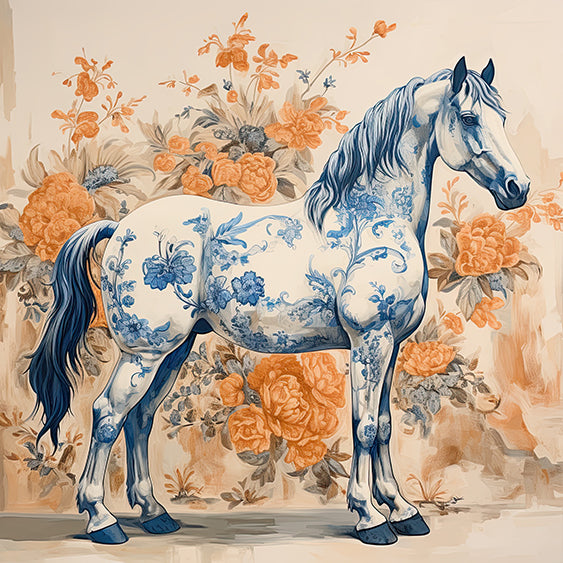 Chinoiserie Blue & White Full Horse Art Print | Crum Art