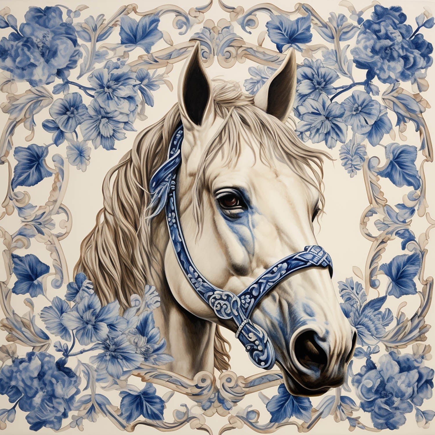 Chinoiserie Blue & White Horse Portrait Art Print | Crum Art