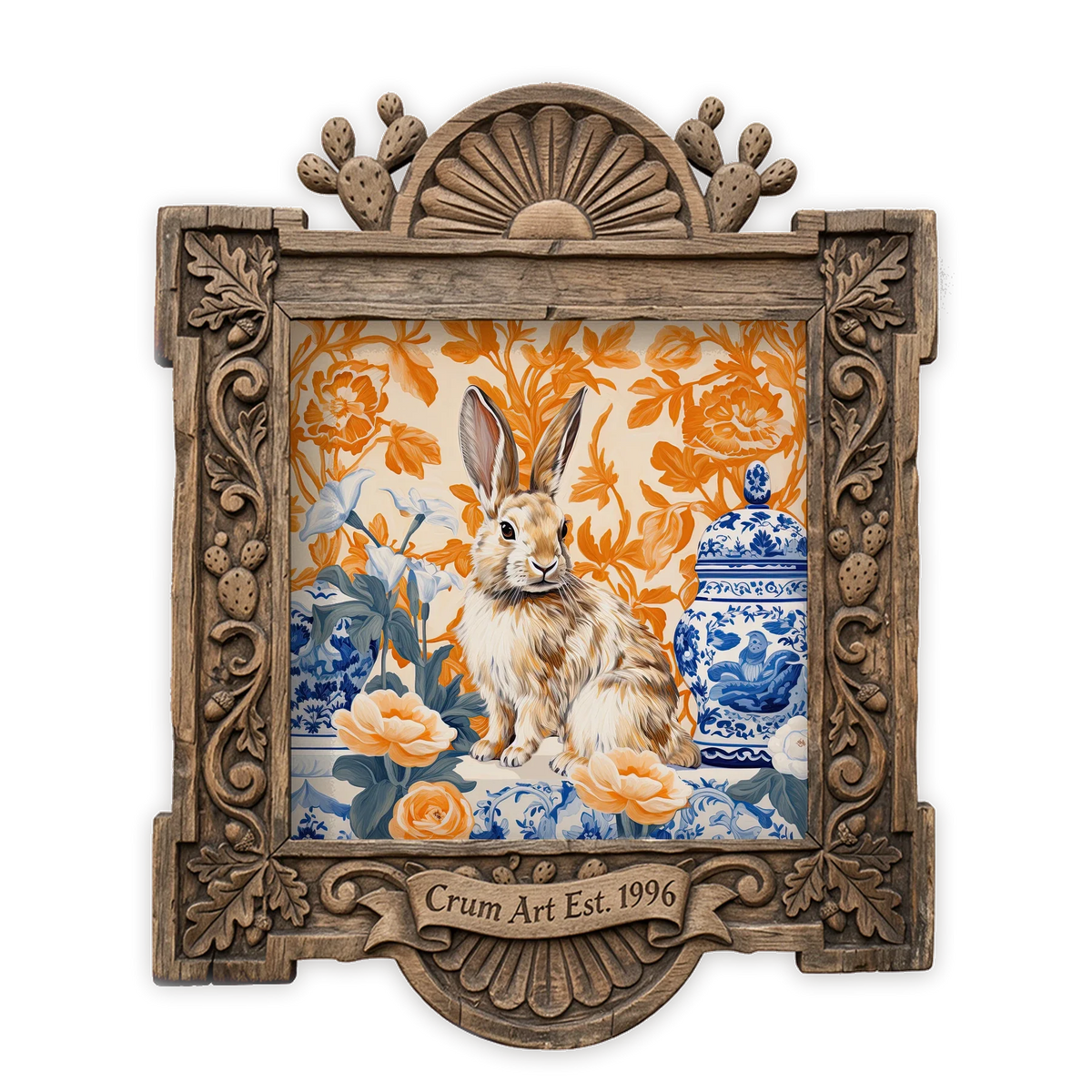 Blue & White Rabbit — chinoiserie art print by Crum Art in a square carved wood frame