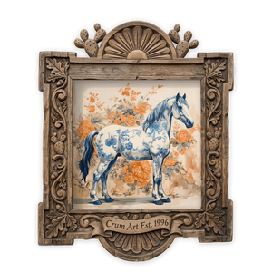 Blue & White Full Body Horse — chinoiserie art print by Crum Art in a square carved wood frame