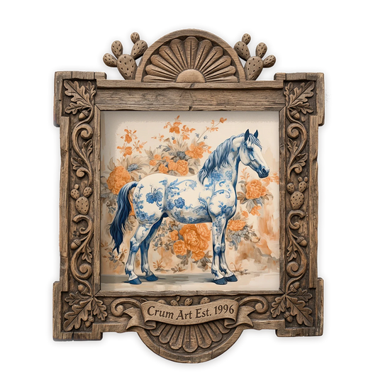 Blue & White Full Body Horse — chinoiserie art print by Crum Art in a square carved wood frame