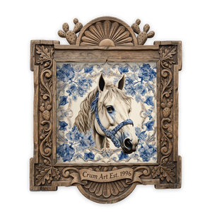 Blue & White Horse Portrait — chinoiserie art print by Crum Art in a square carved wood frame