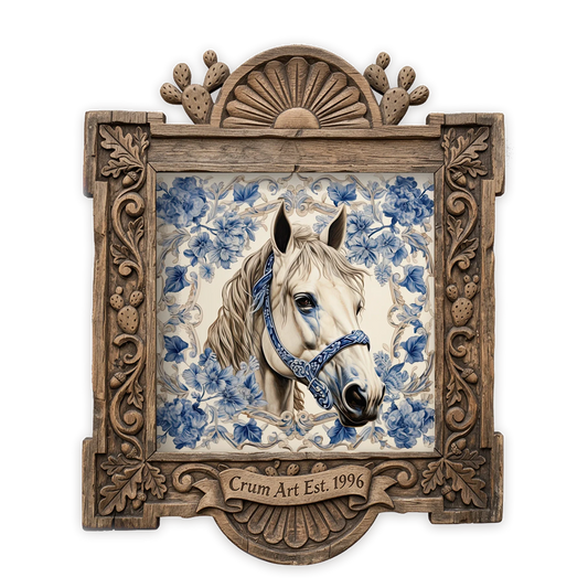 Blue & White Horse Portrait — chinoiserie art print by Crum Art in a square carved wood frame