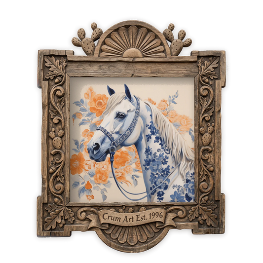 Blue & White Horse — chinoiserie art print by Crum Art in a square carved wood frame