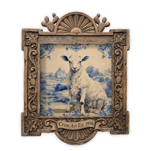Blue & White Lamb — chinoiserie art print by Crum Art in a square carved wood frame