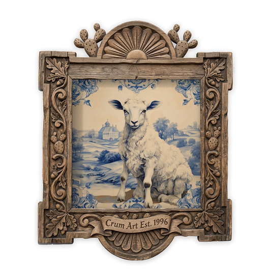 Blue & White Lamb — chinoiserie art print by Crum Art in a square carved wood frame