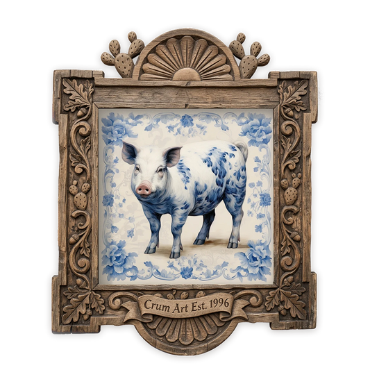 Blue & White Pig — chinoiserie art print by Crum Art in a square carved wood frame