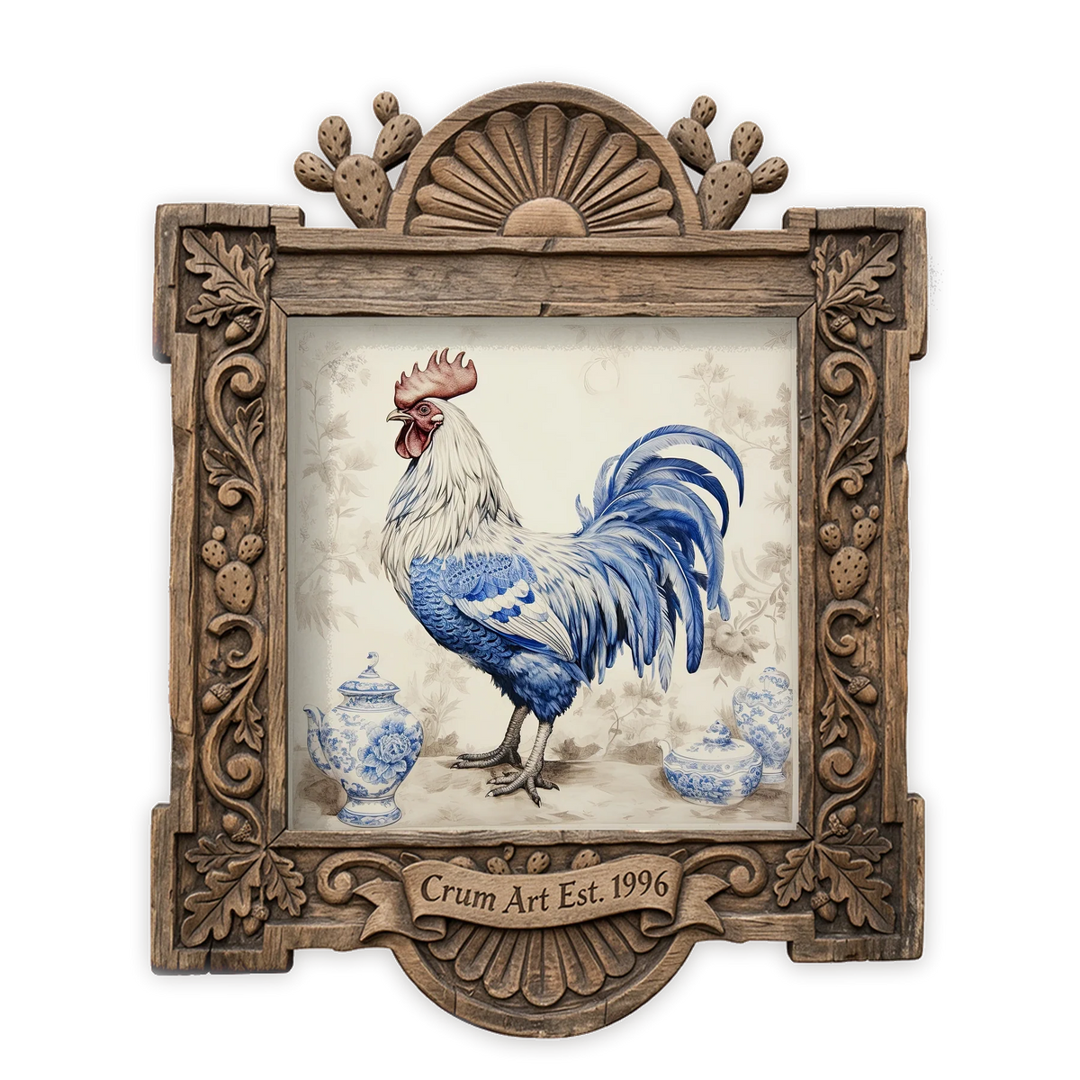 Blue & White Chicken — chinoiserie art print by Crum Art in a square carved wood frame