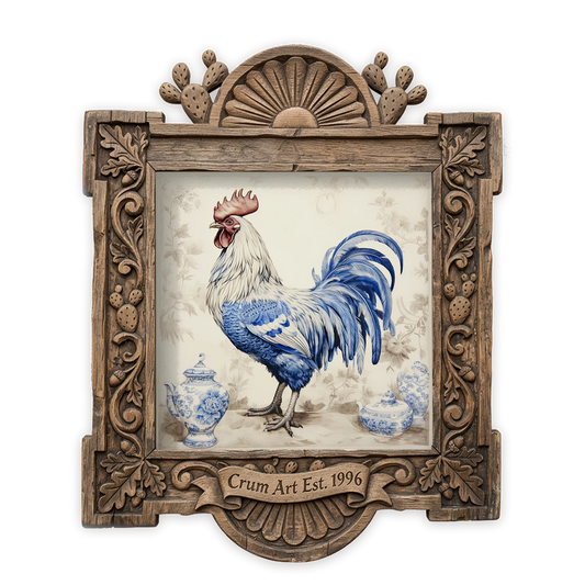 Blue & White Chicken — chinoiserie art print by Crum Art in a square carved wood frame