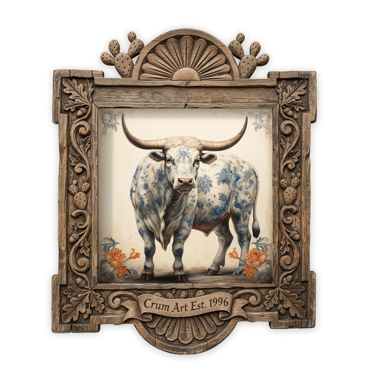 Blue & White Longhorn Bull — chinoiserie art print by Crum Art in a square carved wood frame