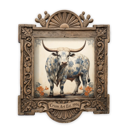 Blue & White Longhorn Bull — one of the 3 prints in The Pasture Set | Crum Art
