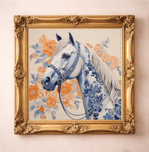 Chinoiserie Blue and White Horse Portrait Art Print, a matted archival art print in a gold frame inspired by floral chinoiserie, classic horse portraiture, and the polished feel of an elegant ranch office, available at crumart.com. This museum quality print is made right here in Texas.