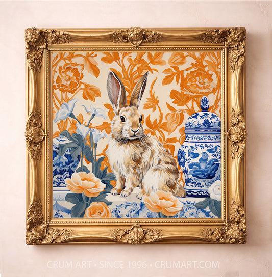 Chinoiserie blue and white rabbit art print in a square gold frame by Crum Art