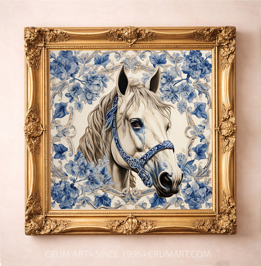 Horse Art Print - Western Chinoiserie Blue & White Horse Decor