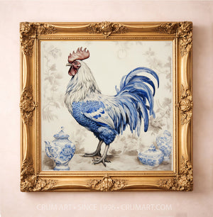 Chinoiserie blue and white chicken art print in a square gold frame by Crum Art