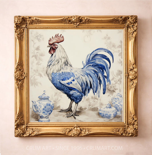 Chinoiserie blue and white chicken art print in a square gold frame by Crum Art