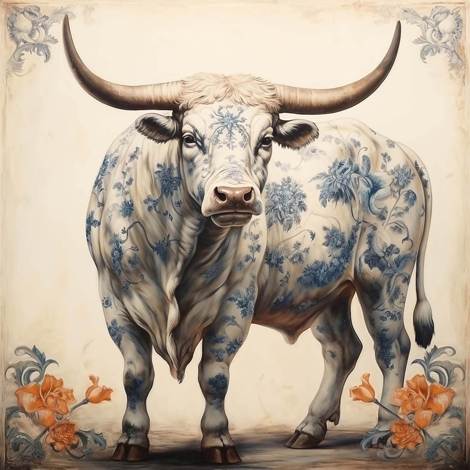 Chinoiserie Bull Print featuring a blue and white porcelain floral patterned steer with orange flowers on a beige background