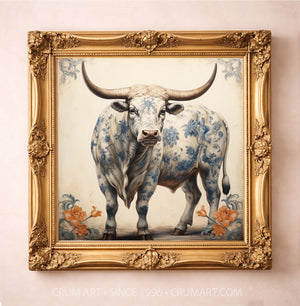 Chinoiserie blue and white longhorn bull art print in a square gold frame, western wall art by Crum Art