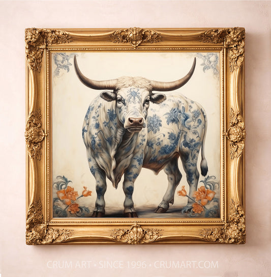 Chinoiserie blue and white longhorn bull art print in a square gold frame, western wall art by Crum Art