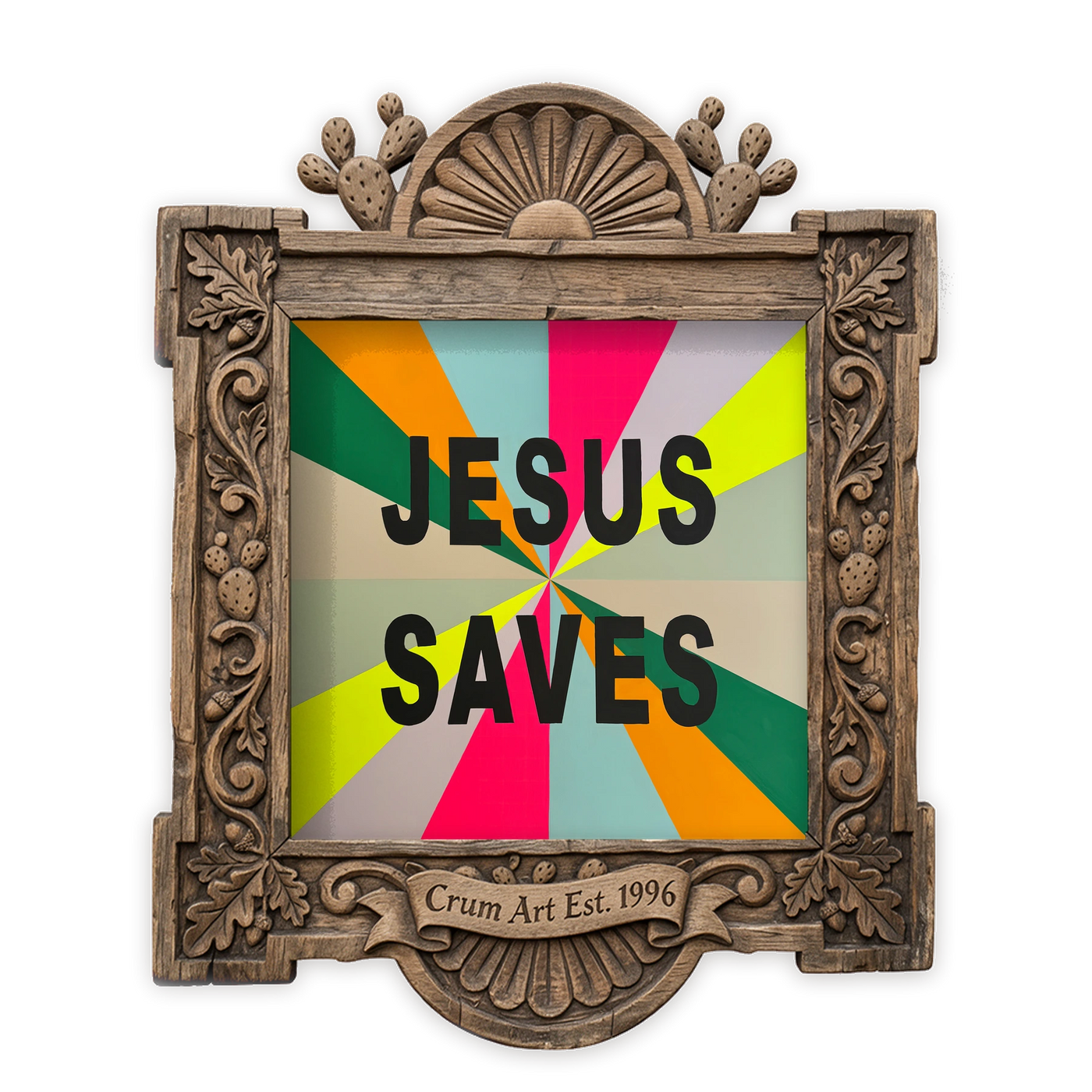 Christian Art | Jesus Saves Pop Print | Betsy Crum — art print in a carved wood frame, Crum Art