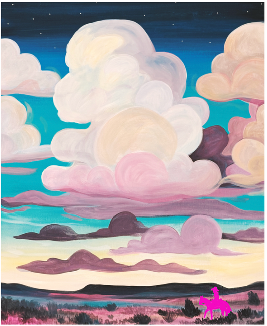 Cloudbusting original painting by Caya Crum — towering pastel clouds over a desert with a tiny neon pink rider, 26 x 31.25 inches