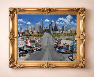 South Congress Beatles Austin print by Caya Crum — in a gold frame