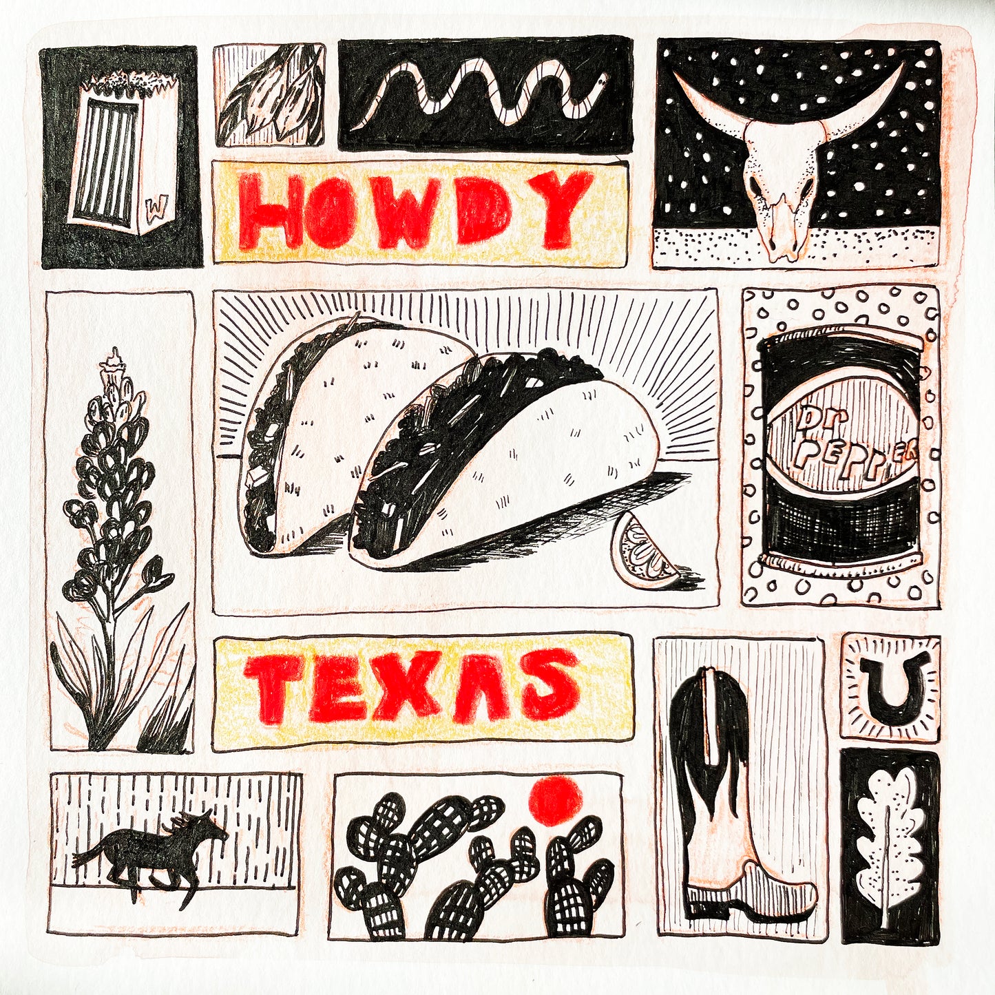 Illustrated collage with elements of Texas culture including a boot, cactus, and 'Howdy' text, pen and ink, black and white, typography artist Caya Crum
