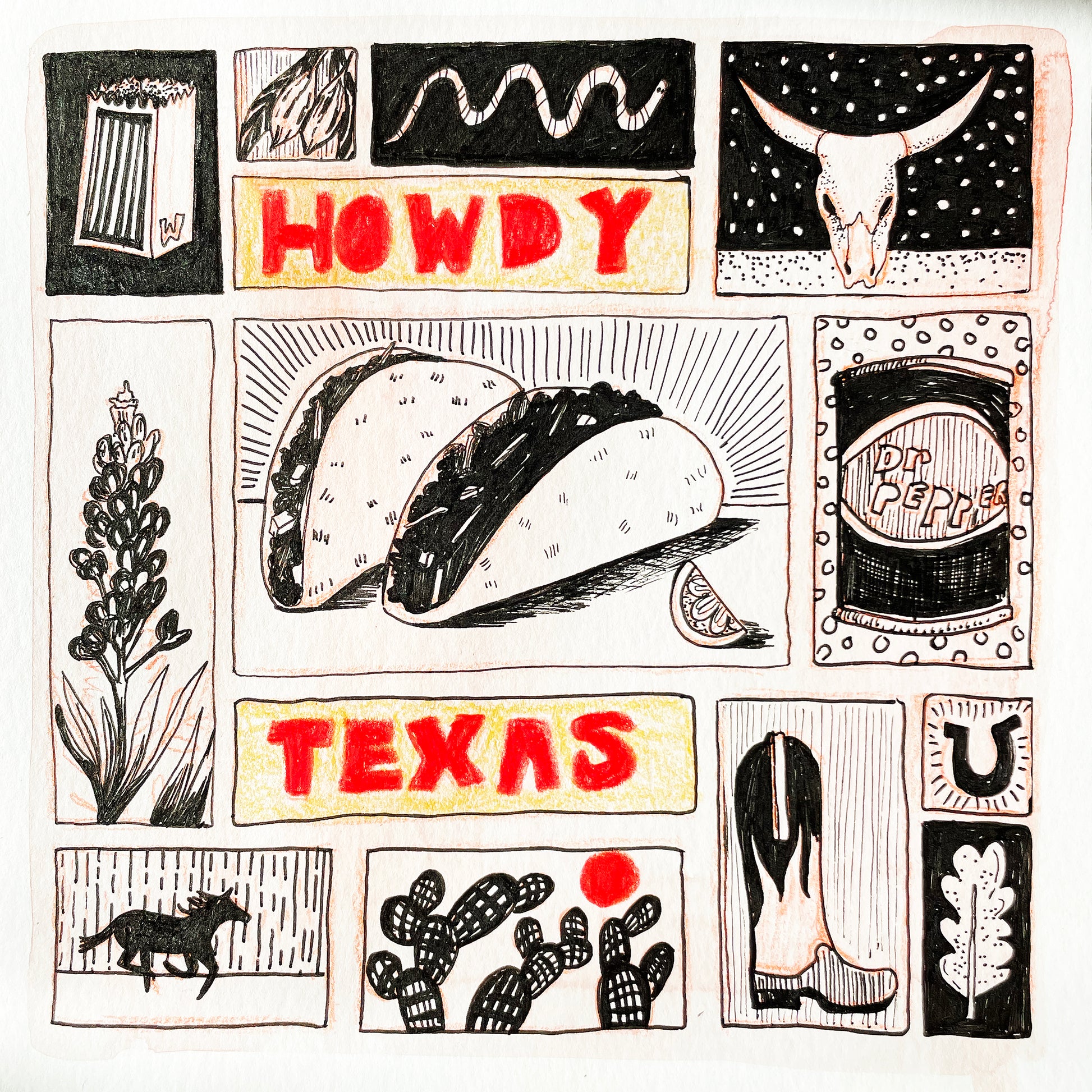 Illustrated collage with elements of Texas culture including a boot, cactus, and 'Howdy' text, pen and ink, black and white, typography artist Caya Crum