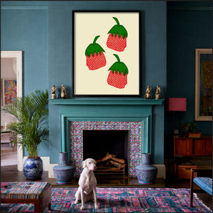 Cool Art this cozy vintage style Strawberry wall decor is rooted in 80s and 90s nostalgia; cottagecore sweet grandma art by Betsy Crum this makes me want to curl up on the couch with a good book.  Art that sparks joy and reminds me of the past.