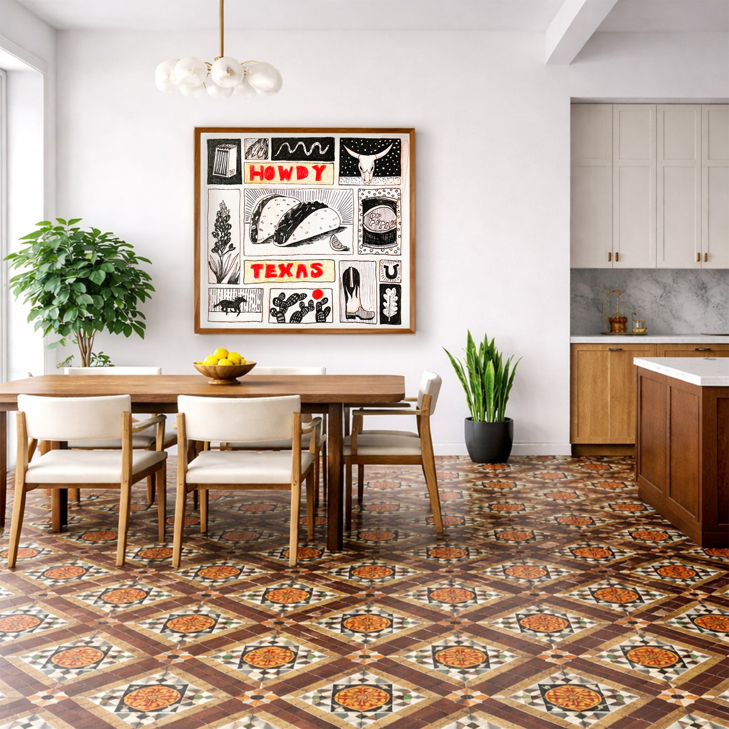 Cool Texas Art featuring all the things Texans love bluebonnets, tacos, horses, modern black and white pen and ink illustration by Caya Crum.