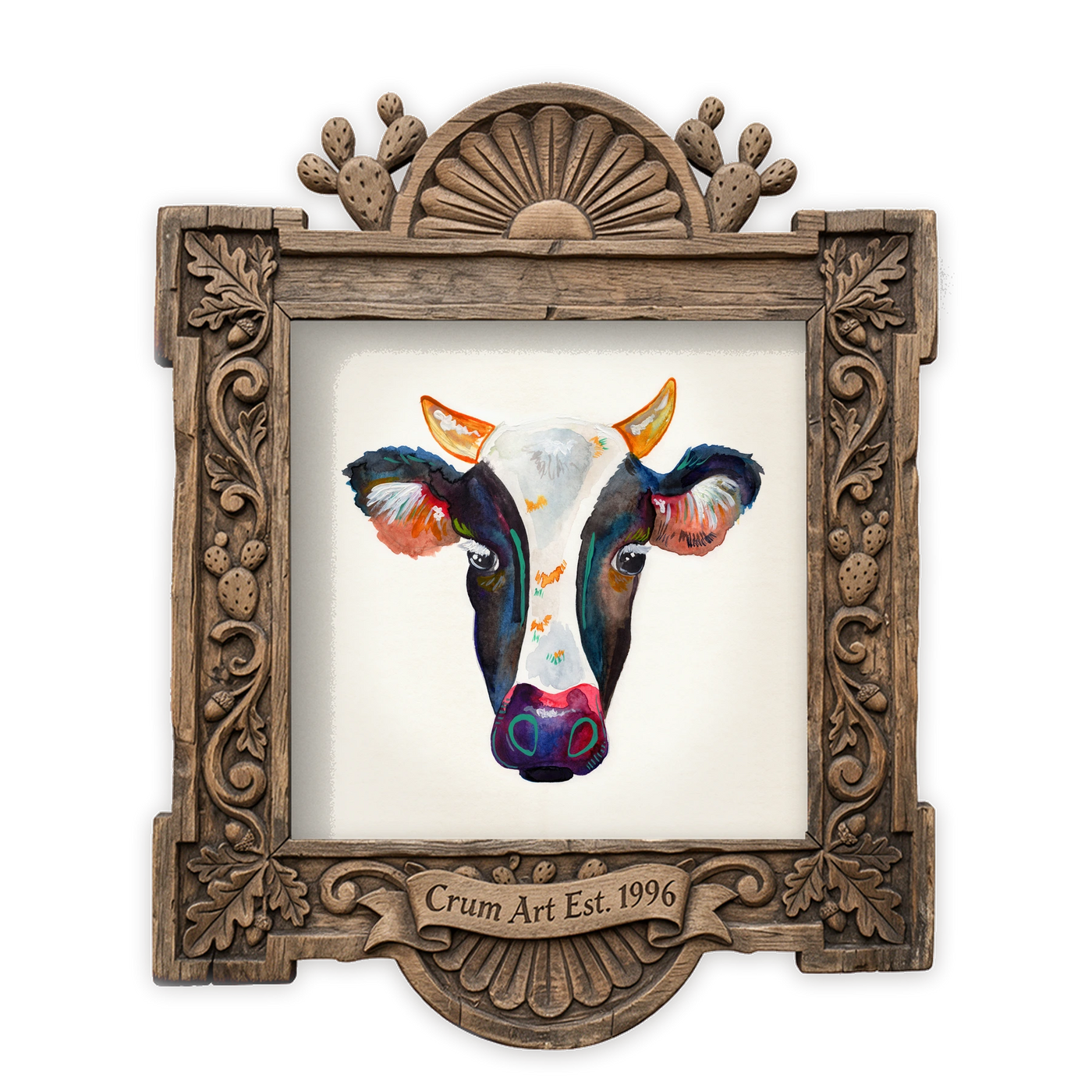 Cow Art | Watercolor Cow Portrait | Caya Crum — art print in a carved wood frame, Crum Art