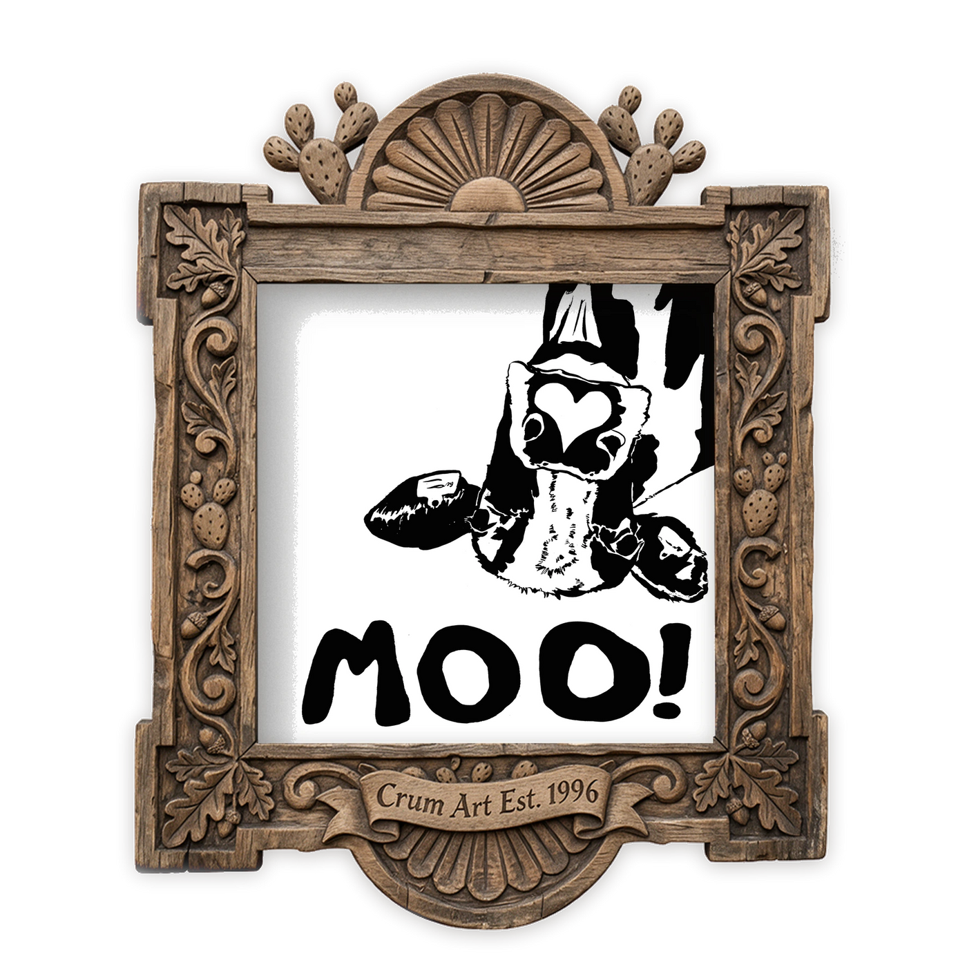 Cow Art | Moo! Cowboy Cow | Caya Crum — Black & White — art print in a carved wood frame, Crum Art