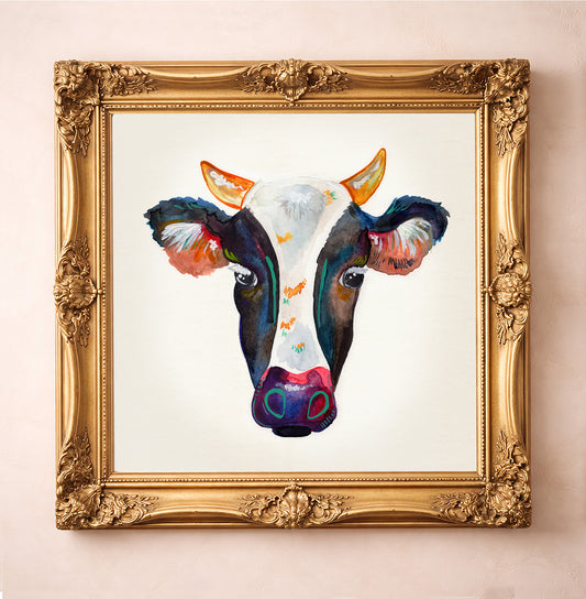 Watercolor Cow Portrait — cow art print by Caya Crum in a square gold frame