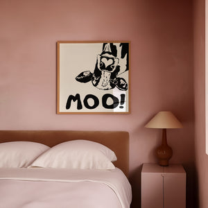 Moo! Cowboy Cow black and white print by Caya Crum framed in a room