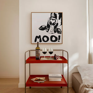Moo! Cowboy Cow black and white print by Caya Crum framed in a styled room