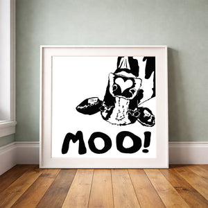 Moo! Cowboy Cow print by Caya Crum framed upright against a grey-green wall