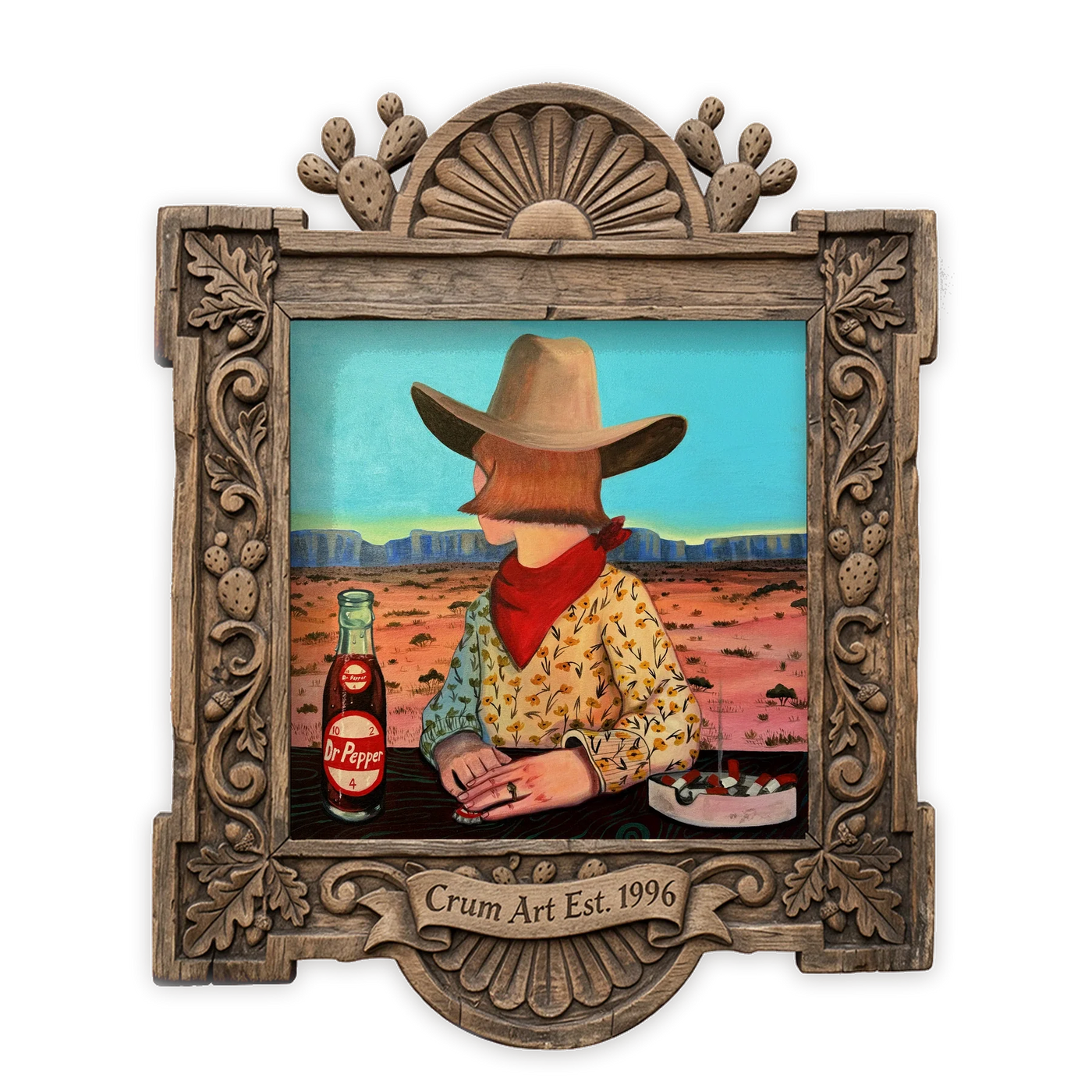 Caya's World Desert Self Portrait — Dr Pepper art print by Caya Crum in a square carved wood frame