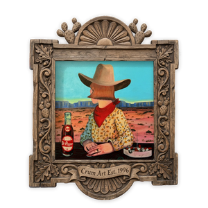 Caya's World Desert Self Portrait — Dr Pepper art print by Caya Crum in a square carved wood frame