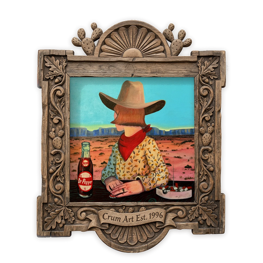 Caya's World Desert Self Portrait — Dr Pepper art print by Caya Crum in a square carved wood frame