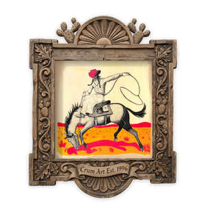 Roping Scene — cowgirl art print by Caya Crum in a square carved wood frame