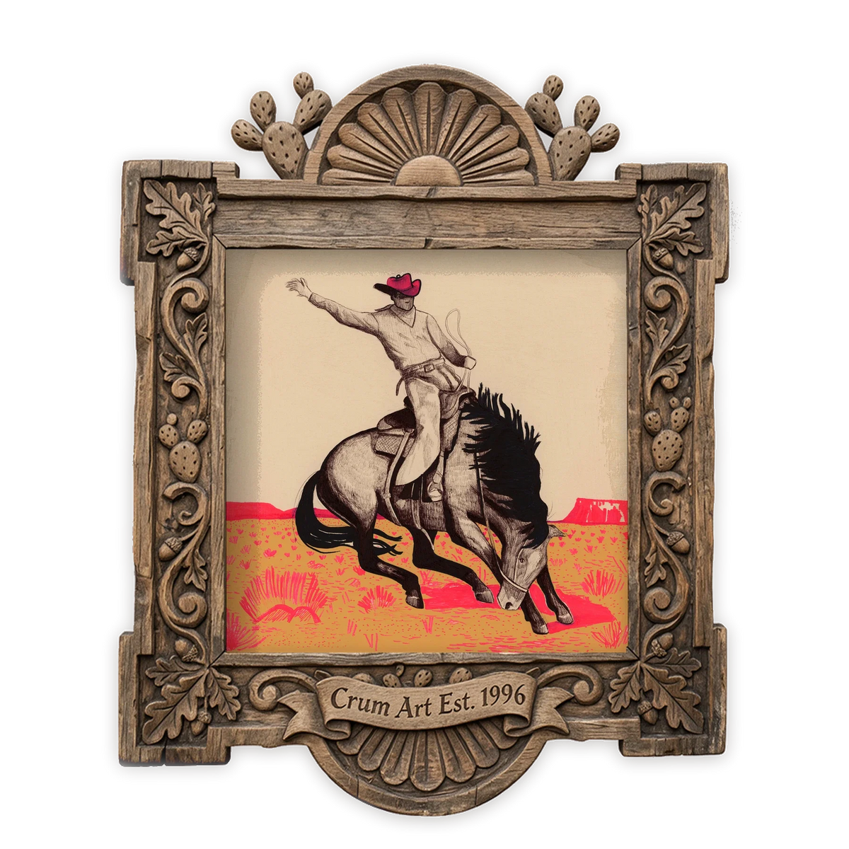 Bucking Horse Pen & Ink — rodeo art print by Caya Crum in a square carved wood frame