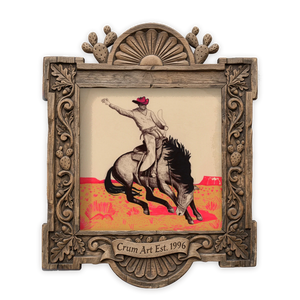 Bucking Horse Pen & Ink — rodeo art print by Caya Crum in a square carved wood frame