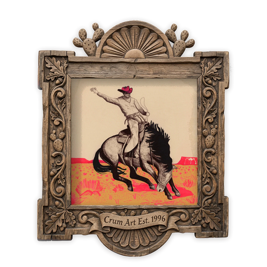 Bucking Horse Pen & Ink — rodeo art print by Caya Crum in a square carved wood frame