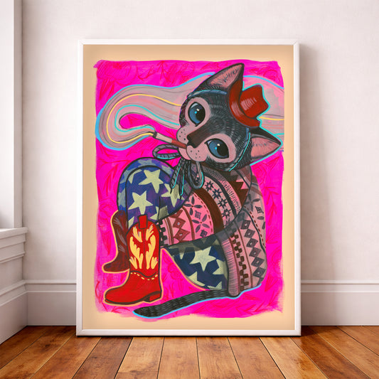Cute Cat Art Print - Rosie the Smoking Cowgirl by Caya Crum