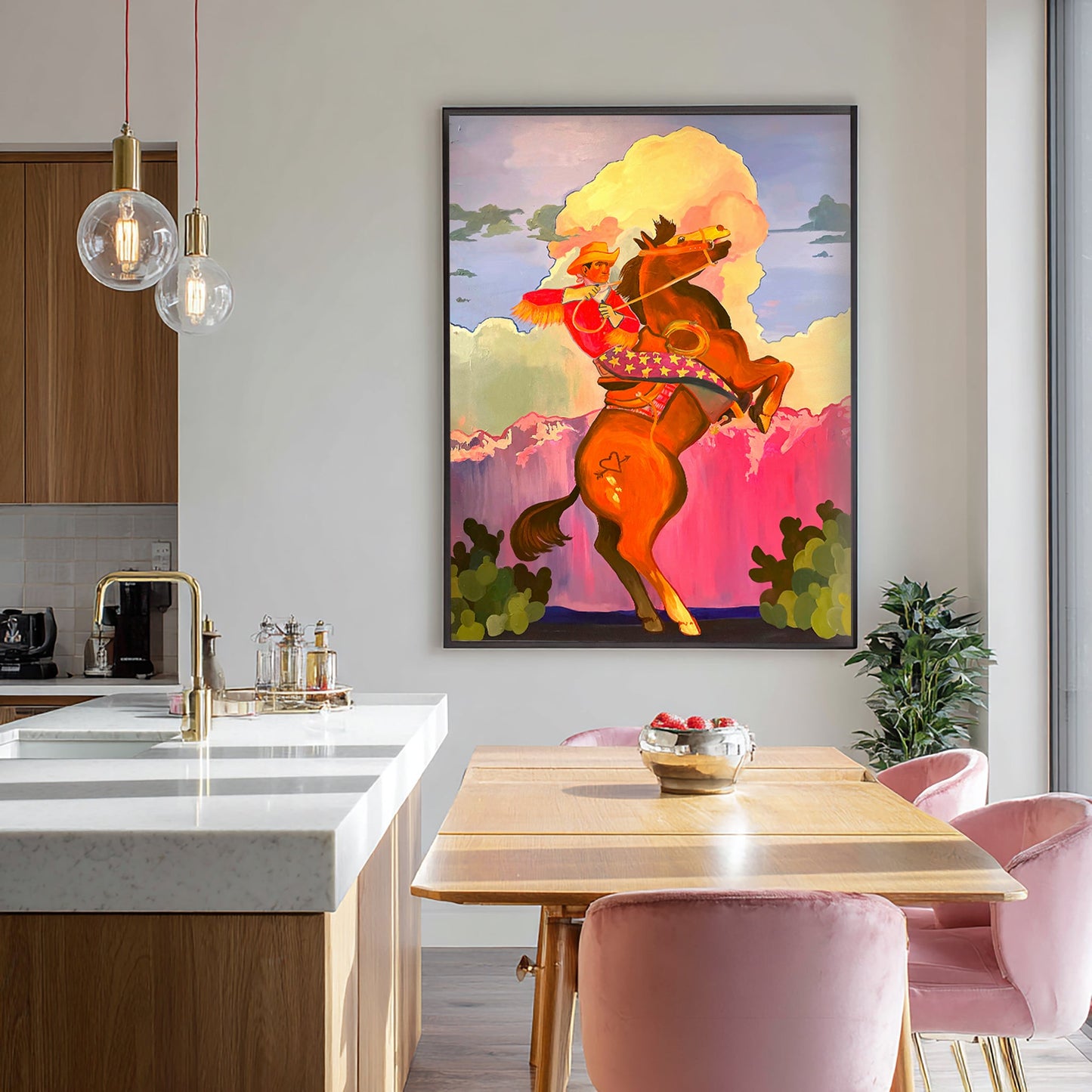 Cowboy Carl Rodeos Into the Sunset Print styled in an eclectic kitchen, cowboy riding a rearing horse