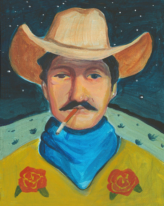 Cowboy Smoking Print featuring a man in a yellow shirt with red roses, blue neckerchief, and a large hat against a night sky background