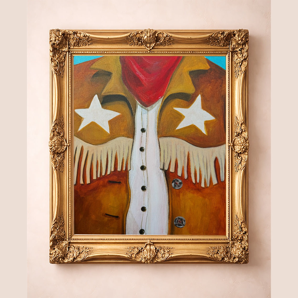 Cowboy Stars Rodeo Fringe Vest Print shown in a gold frame, western vest artwork with star details