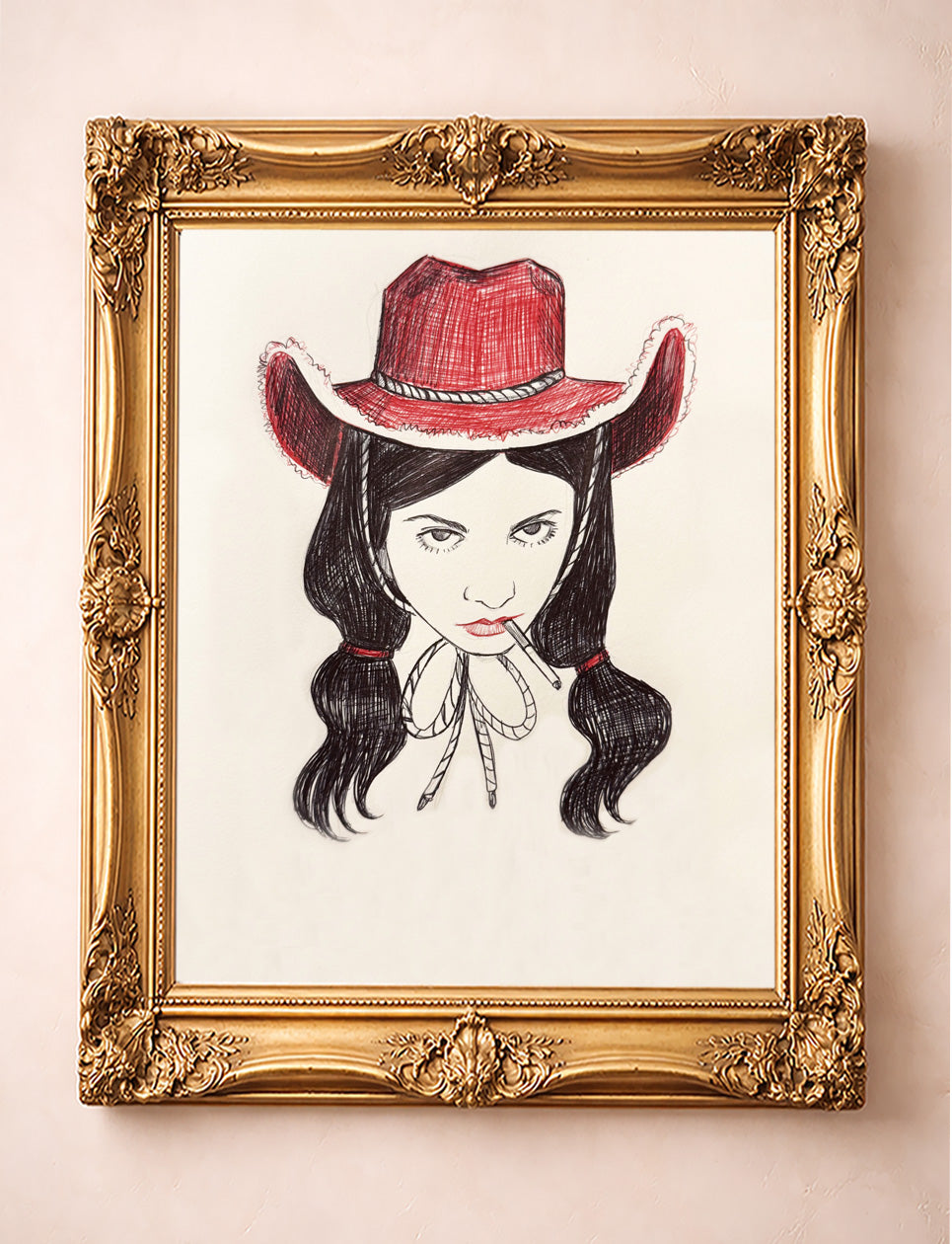 Tavi red hat rodeo queen smoking cowgirl print by Caya Crum in a gold frame