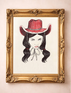 Tavi red hat rodeo queen smoking cowgirl print by Caya Crum in a gold frame