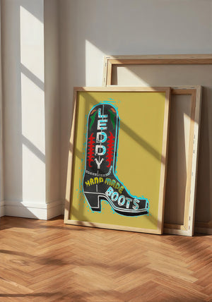 Leddy Boot Ochre cowboy boot art print by Betsy Crum — neutral frame room mockup